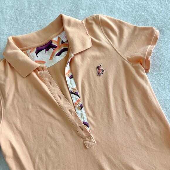 Y2K Heatherette Unicorn Polo Shirt Small Peach Orange Short Sleeve Distressed - Picture 6 of 10